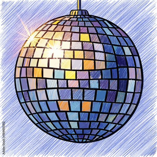 Colorful disco ball with reflective mosaic surface shining with light fantasy art