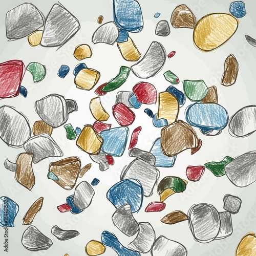 Colorful scattered stones and pebbles in various shapes and sizes on white background
