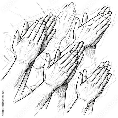 Detailed pencil sketch of multiple hands clapping and expressing celebration or unity