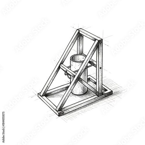 Detailed technical drawing of a mechanical lever apparatus with structural components and a