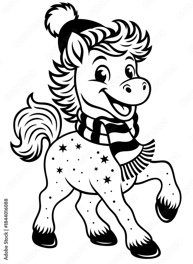 Obraz premium Cute winter horse cartoon — smiling pony wearing scarf with snow pattern, festive holiday animal illustration