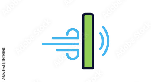 wind insulation and soundproofing concept icon showing air flow and sound waves blocked by a green barrier illustrating protection.