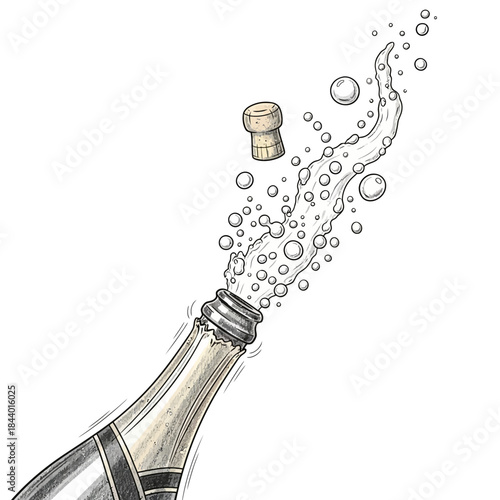 Illustration of a glass bottle with water splashing out and bubbles forming as the cork pops off