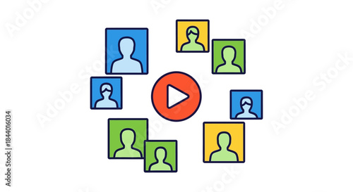 video conference meeting icon with diverse team avatars around play button illustrating online webinar remote collaboration and virtual communication