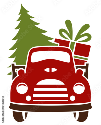 Red Christmas Pickup Truck with Tree and Gift Boxes from Holiday Market