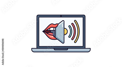 voice technology on laptop screen with speaking megaphone icon representing digital audio and modern communication.
