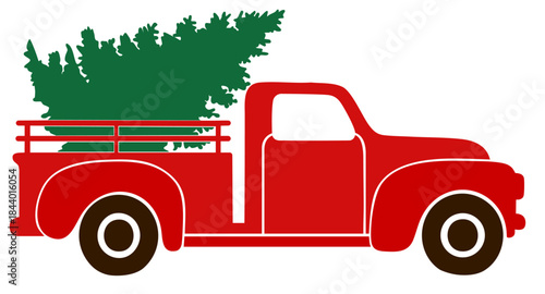 Classic Red Christmas Tree Farm Pickup Truck with Evergreen Trees