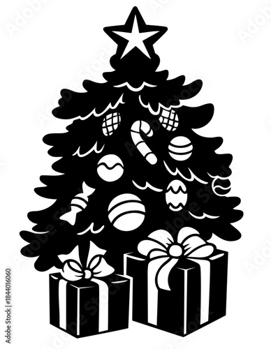 Decorated Christmas Tree with Ornaments and Gift Boxes, Holiday Evergreen Tree with Star and Presents