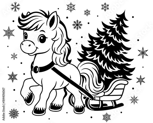 winter horse pulling sleigh with Christmas tree, snowflakes and holiday decorations. 2026 Year of the Horse