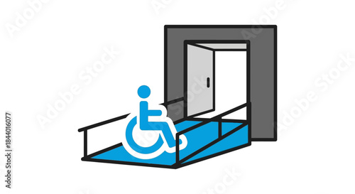 wheelchair accessible entrance icon showing blue ramp to open doorway symbol for disabled access inclusive building design signage