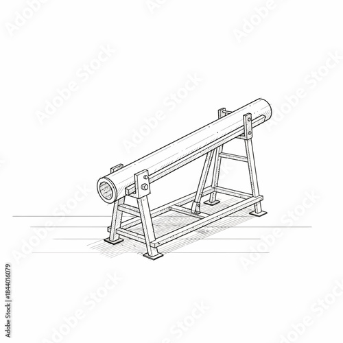 Minimalist black-and-white technical drawing of a large artillery cannon on a sturdy wooden and
