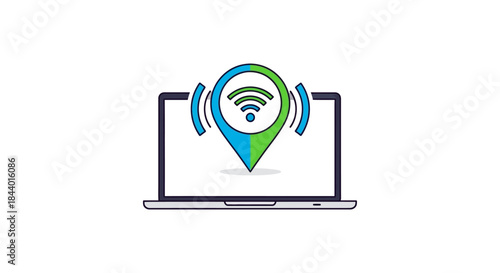 wifi location pin icon on laptop screen illustrating wireless internet hotspot and online connectivity concept for network services