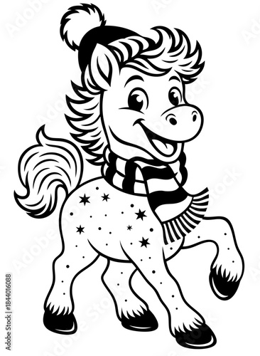 Cute winter horse cartoon — smiling pony wearing scarf with snow pattern, festive holiday animal illustration