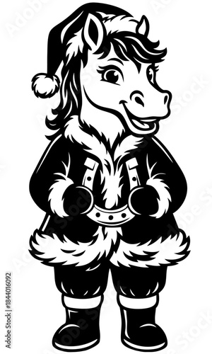 Christmas horse character — winter pony wearing warm coat and Santa style hat