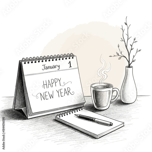 New Year's Day Celebratory Desk Scene with Calendar and Cozy Drink in a Minimalist Setting
