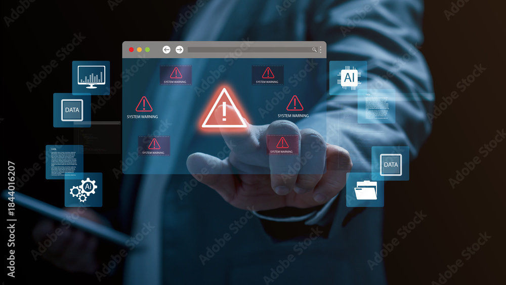 Obraz premium System warning alert on virtual interface. cybersecurity risk detection , data error business professional touching a glowing digital warning icon in virtual screen environment. data breach, malware