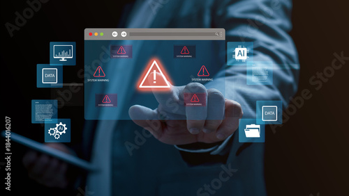 System warning alert on virtual interface. cybersecurity risk detection , data error business professional touching a glowing digital warning icon in virtual screen environment. data breach, malware