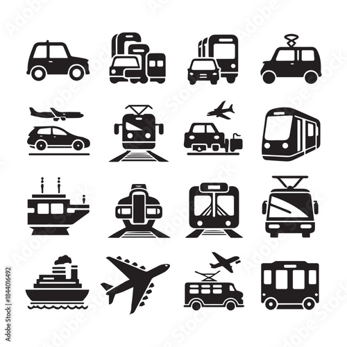 Transportation Icon Set – Car, Bus, Train, Ship & Airplane Vector Collection