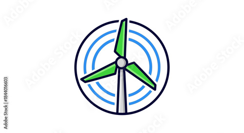 wind turbine icon with green blades and circular blue lines minimalist renewable energy illustration for eco power sustainability branding