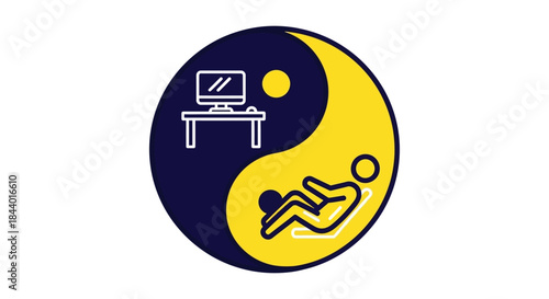 work life balance yin yang symbol showing office desk and exercising person icon modern wellness and corporate lifestyle concept