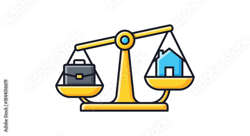 work life balance concept with golden scale weighing business briefcase against blue house symbolizing career family priorities