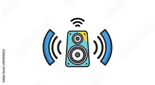 wireless speaker icon emitting sound waves colorful flat audio illustration on white background for music app interface and podcast branding
