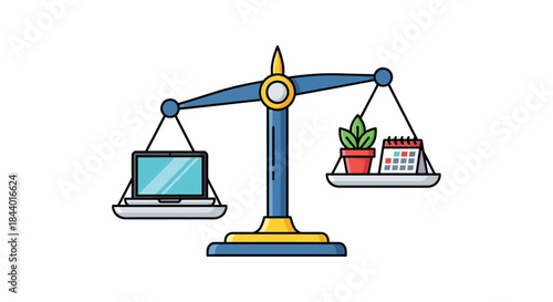 work life balance illustration showing a laptop balanced against a plant and calendar on a scale symbolizing professional duties and personal time.
