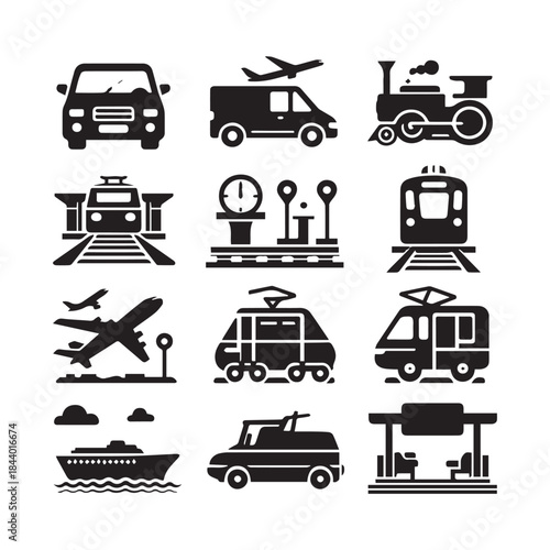 Transportation Icons Set – Car, Bus, Train, Truck & Airplane Vector