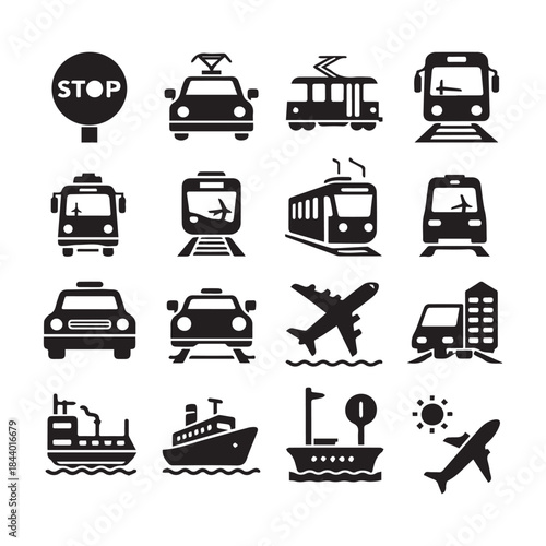 Transportation Icons Set – Car, Bus, Train, Truck & Airplane Vector