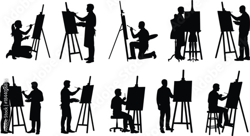 Artists painting on easels silhouette set, male and female painters working in studio, creative art education concept, black vector illustration