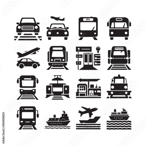 Transportation Icons Set – Car, Bus, Train, Truck & Airplane Vector