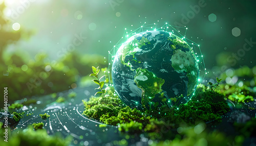 Glowing Green Earth Sphere Resting on Moss.