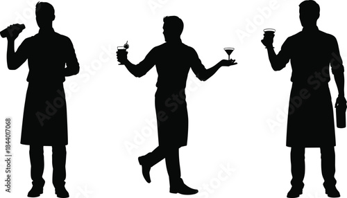 Bartender silhouette illustration, cocktail mixing, drink serving, bar tools, apron pose, black vector art, nightlife, hospitality, mixology, graphic style