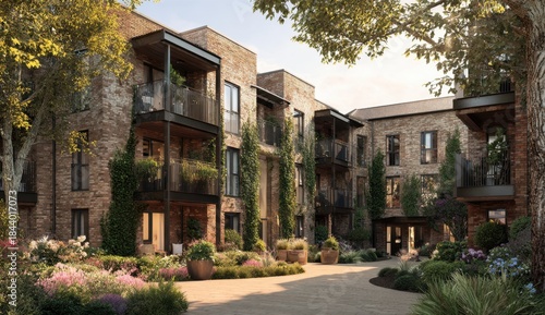 Rendering of an elderly care facility with brick exterior, balconies, lush greenery, and landscaped garden