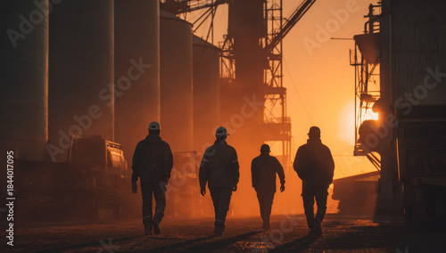 Wallpaper Mural Silhouettes of four industrial workers wearing protective helmets standing in front of large grain silos during sunset Torontodigital.ca