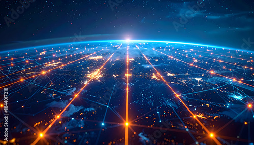 Futuristic Global Digital Network Grid Over Earth Horizon.