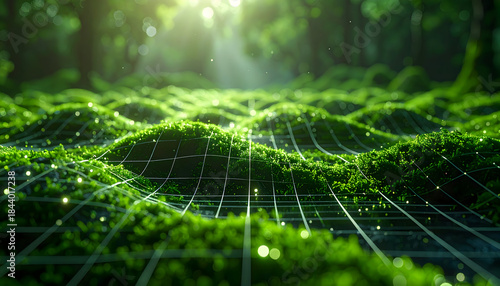 Digital Mossy Terrain With Sunlit Forest Background.