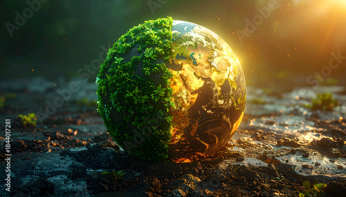 Half Green Half Golden Earth Concept for Environmental Balance.