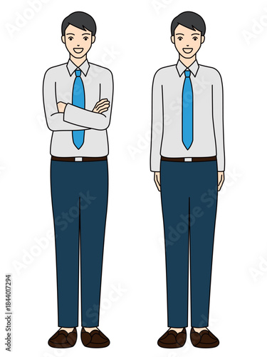 Full body illustration of two confident businessmen in shirt and tie standing with crossed arms