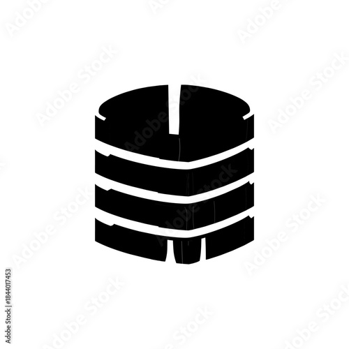 Abstract black and white icon representing a database or server stack.