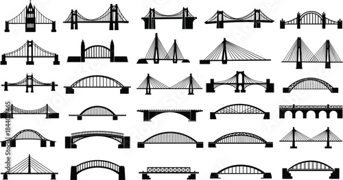 Bridge silhouette collection featuring suspension, arch and cable stayed bridges, urban infrastructure design set, black vector illustration isolated on white background