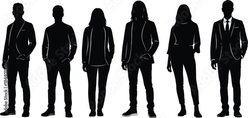 Business people silhouettes standing together, diverse professional men and women team figures isolated on white background vector illustration, corporate leadership concept