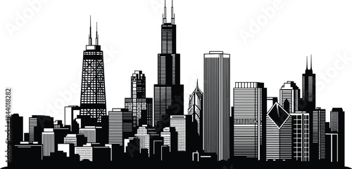 Chicago skyline silhouette, iconic architecture, Willis Tower, cityscape vector art, urban landmark, black graphic style, skyscraper view, downtown scene