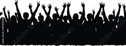 Cheering crowd silhouettes, black and white people celebration vector illustration, raised hands audience concept, concert festival fans, teamwork unity background