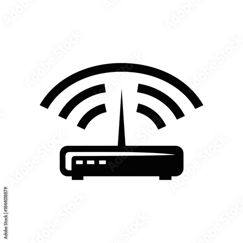 Black and White Router Icon with Wireless Signal.