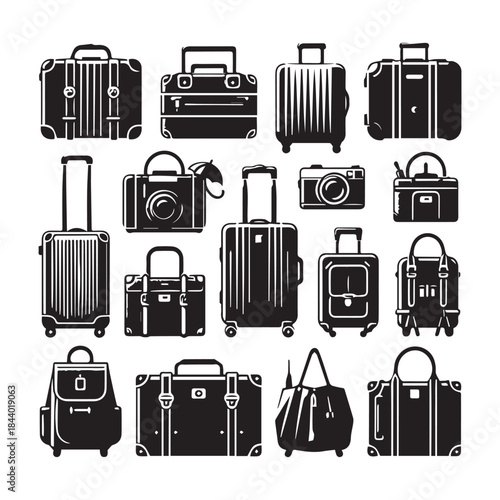 Black Suitcase Icons Pack – Travel Bag Vector Illustration