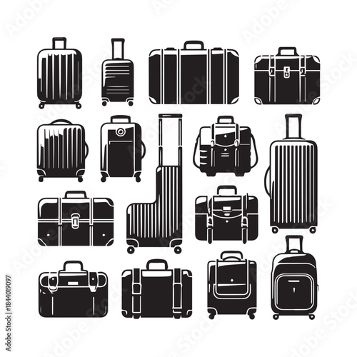 Black Suitcase Icons Pack – Travel Bag Vector Illustration
