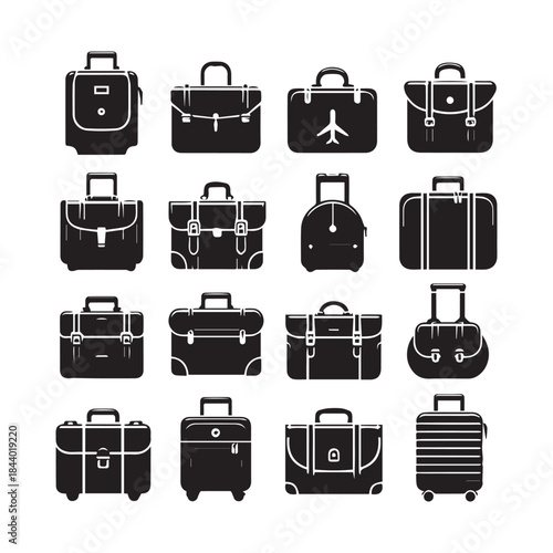 Black Suitcase Icons Pack – Travel Bag Vector Illustration