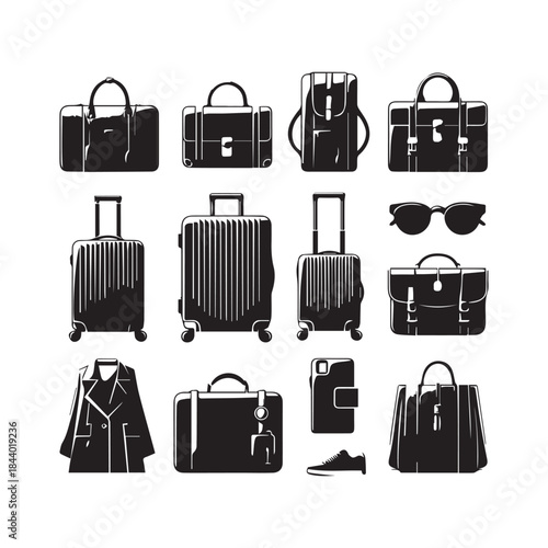 Black Suitcase Icons Pack – Travel Bag Vector Illustration