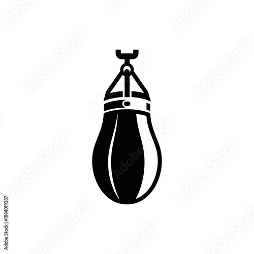 Black punching bag hanging from the ceiling for boxing training.
